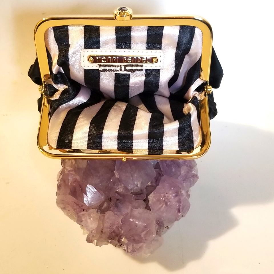Henri Bendel Sexy Black Satin Iconic Stripes Wallet Bag Coin Purse.